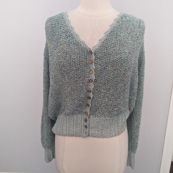 Vintage Sweaters - Vintage Women's Mint FINE POINTS  LIZ TEKUS Sweater Gold  Cardigan Boho Large